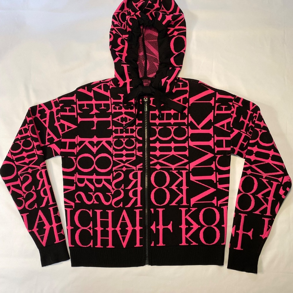Michael Kors Newsprint Logo Stretch-Viscose Zip-Up Hoodie NEW NO TAGS SIZE M